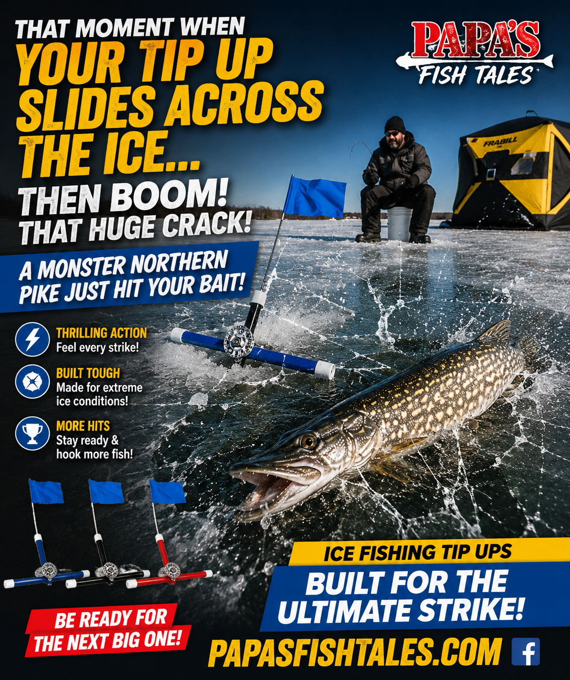 Promotional graphic for Papa's Fish Tales ice fishing tip up, showing a large northern pike jumping on cracked ice next to a person sitting on a bucket with a yellow tent in the background. The graphic includes product closeups, feature icons, and bold marketing text.