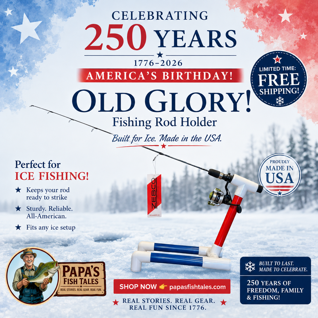 Ice Fishing Rod Holder. OLD GLORY! Shipping Included! – Papas Fish Tales